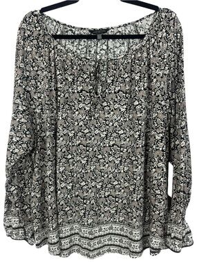 Lucky Brand Floral Paisley Peasant Blouse 2X Boho Knit Top Bell Sleeve
